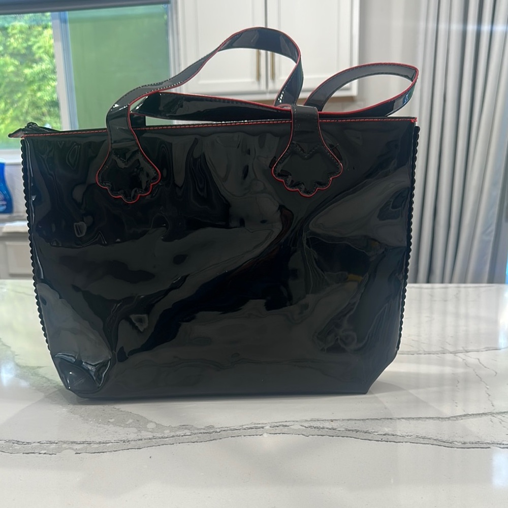Stephanie Johnson for Saks Fifth Ave Black Patent Leather Tote Bag with Red Trim